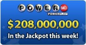 USA Powerball jackpot of $208 million 